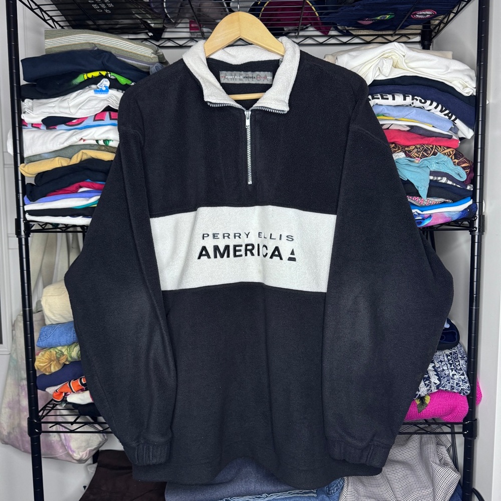 Vintage Y2K Style Perry Ellis Fleece Quarter Zip Pull Over Sweater Size L Men